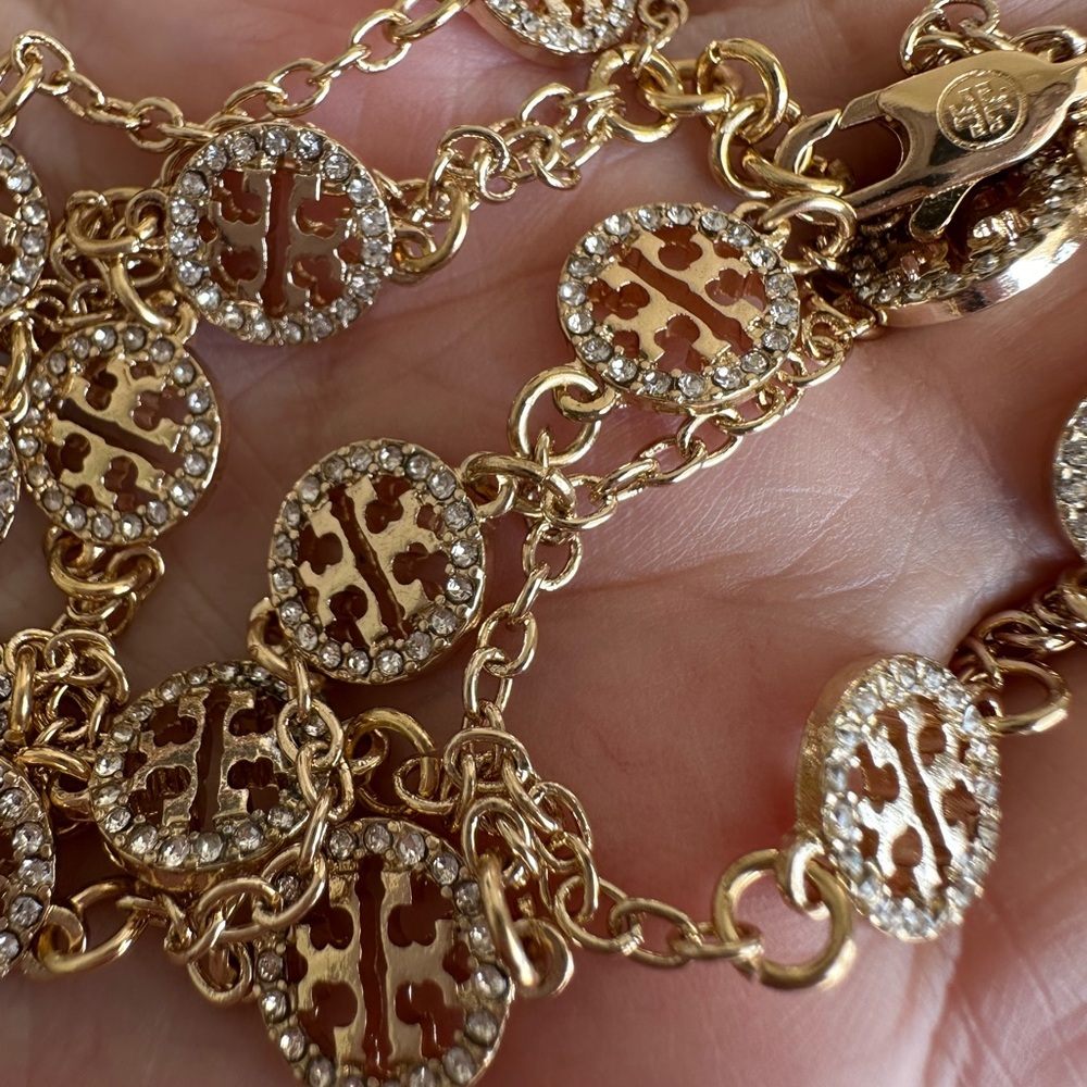 Tory Burch gold crystal pave triple strand logo bracelet - Picture 6 of 8